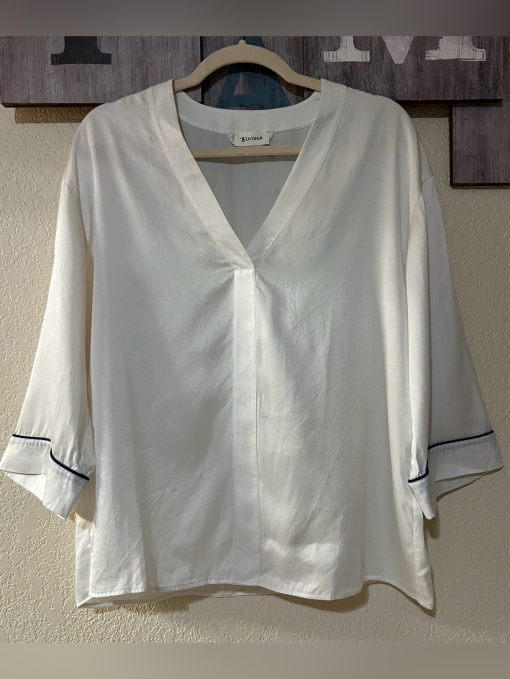 Lilysilk Women's White Silk V-Neck 3/4 Sleeve Pullover Pajama Blouse, Oversized